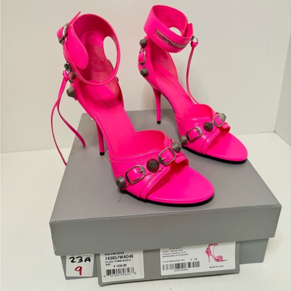 Balenciaga Women's Fluo Pink Cagole Leather Studded Sandals
